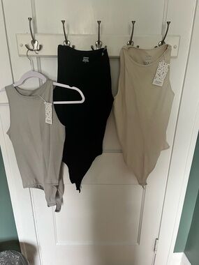 a new day Ribbed Tank Bodysuit Trio - Black, Beige, Light Gray